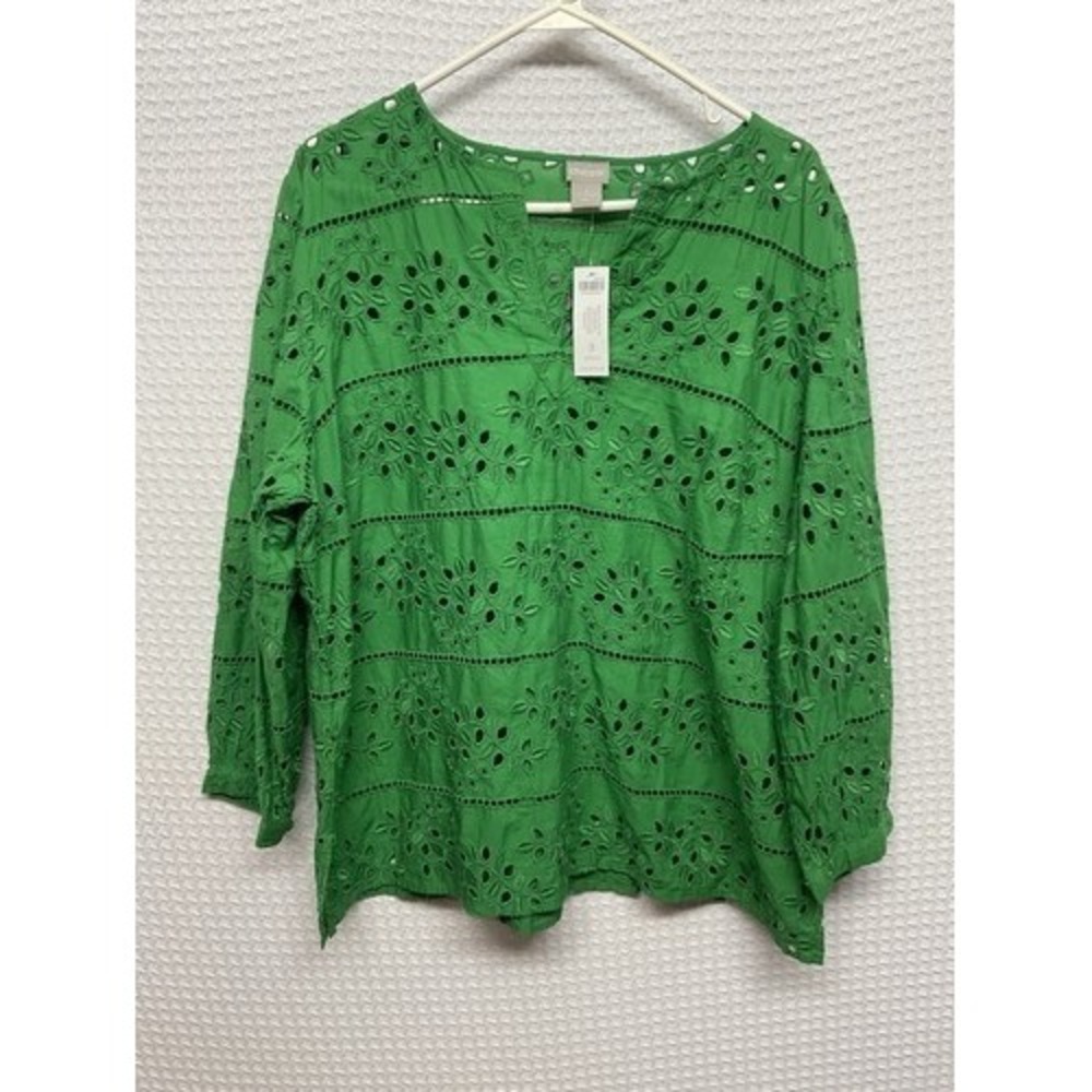 NWT Chico's Green Novelty Eyelet 3/4 Sleeves Top Blouse Women 3/US16-18 India